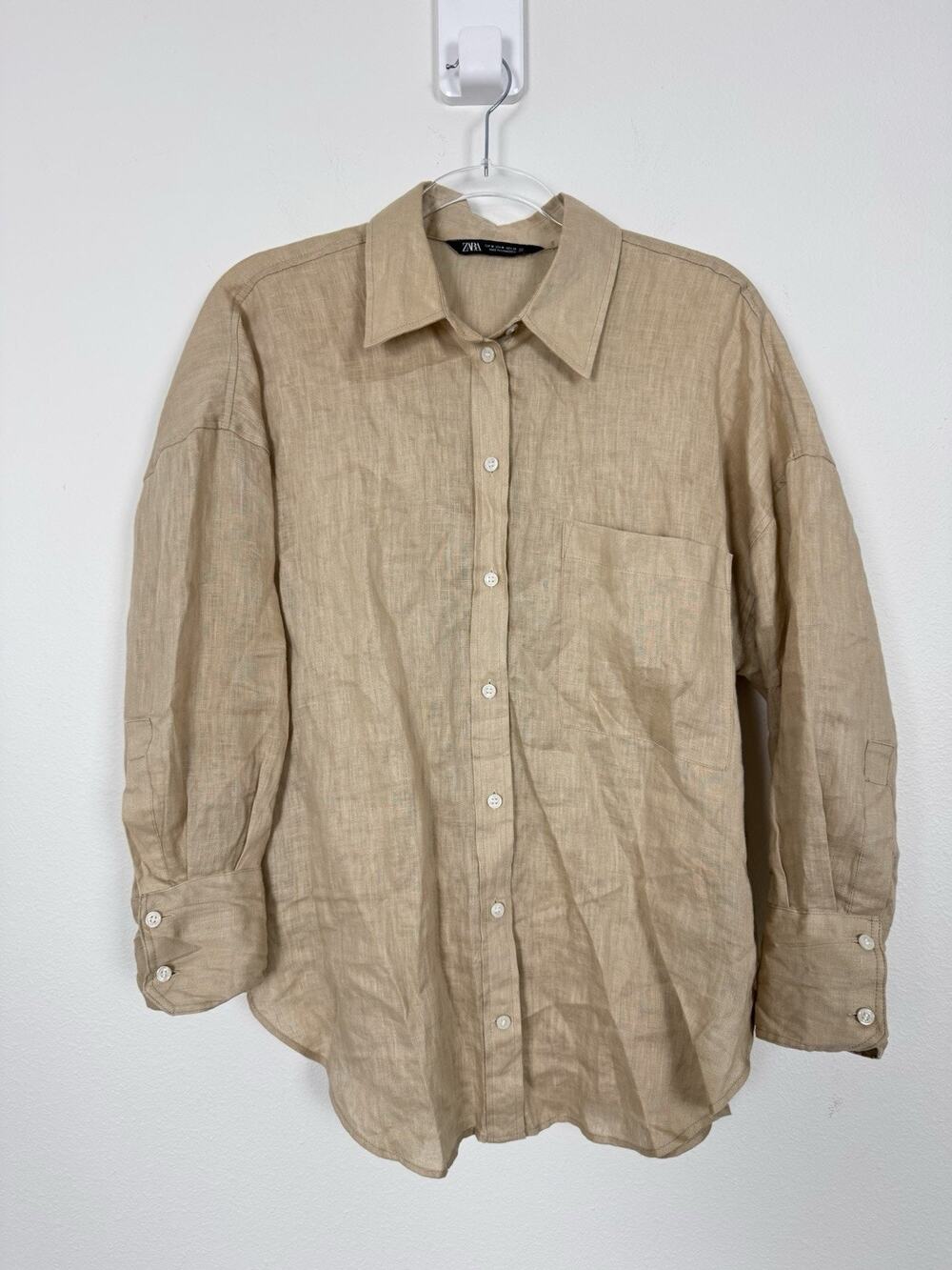 Zara Oversized 100% Linen Shirt Women’s Tan Beige Relaxed 3/4 Sleeve Crisp